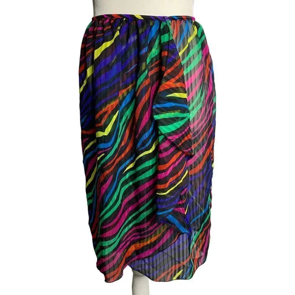 Vintage 80s Catalina Chiffon Swim Cover Up Skirt S Black Rainbow